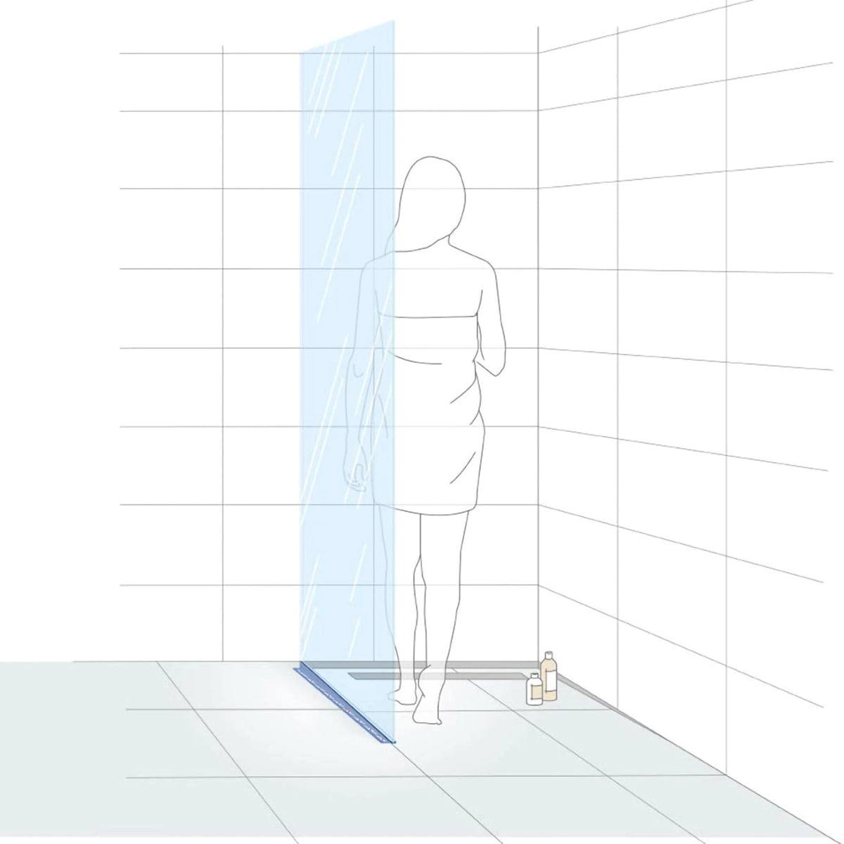 Illustration einer Frau in einer bodengleichen Dusche mit eingezeichnetem Gefällekeil zur Glasaufnahme für die linke Seite
#A0002772
#A0002774
#A0002776
#A0002905