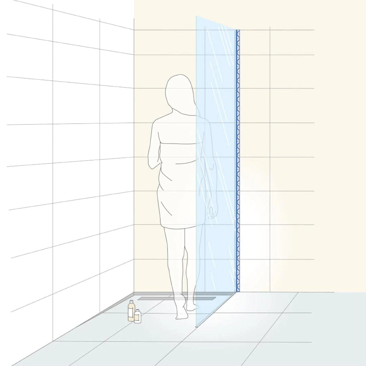 Illustration des eingezeichneten DURAL U-Profil zur Glasaufnahme mit Frau in der Dusche