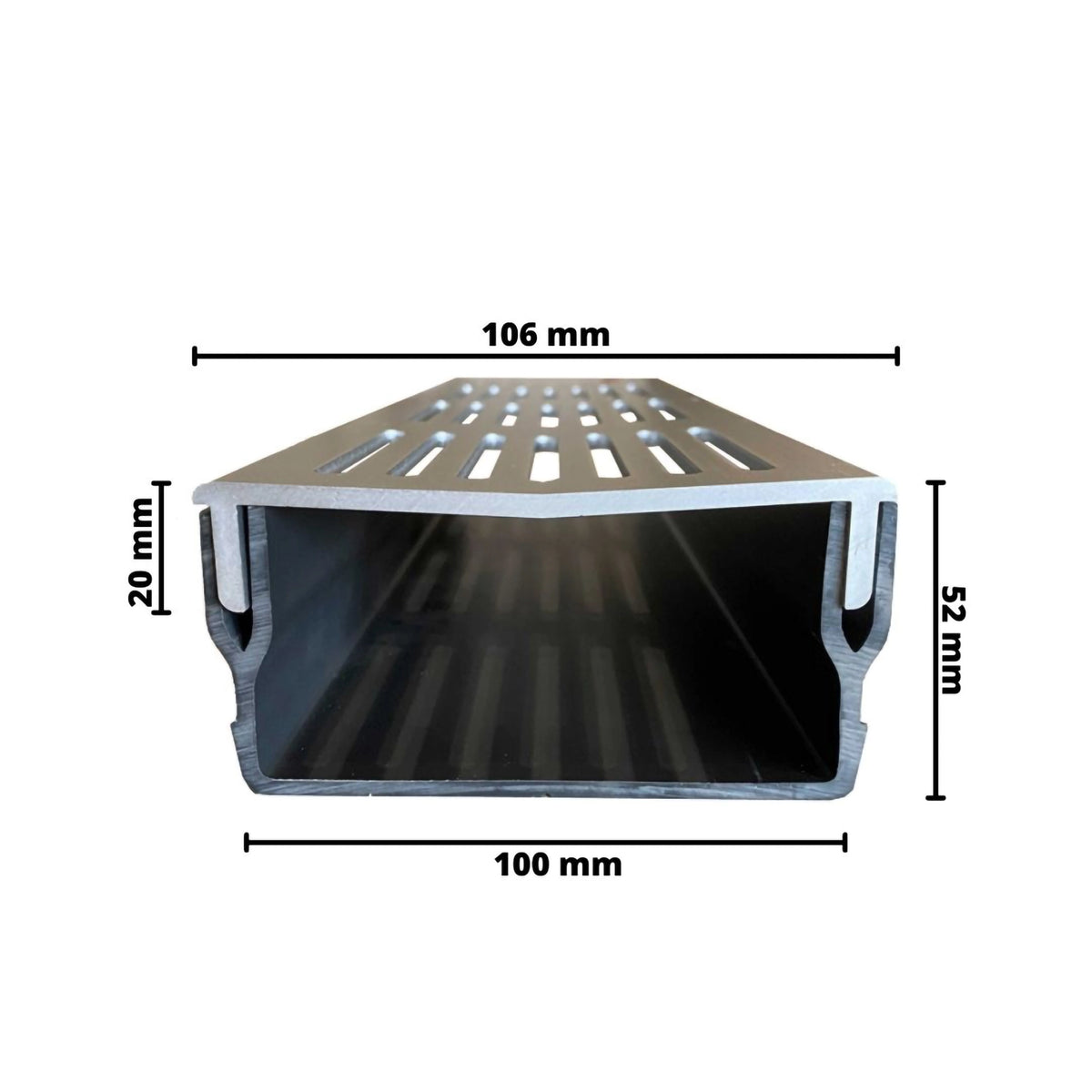 Bemaßte Zeichnung Entwässerungsrinne UD Pro 100 silber mit Rinnenkörper aus schwarzem Hart-PVC #A0003383
#A0003387