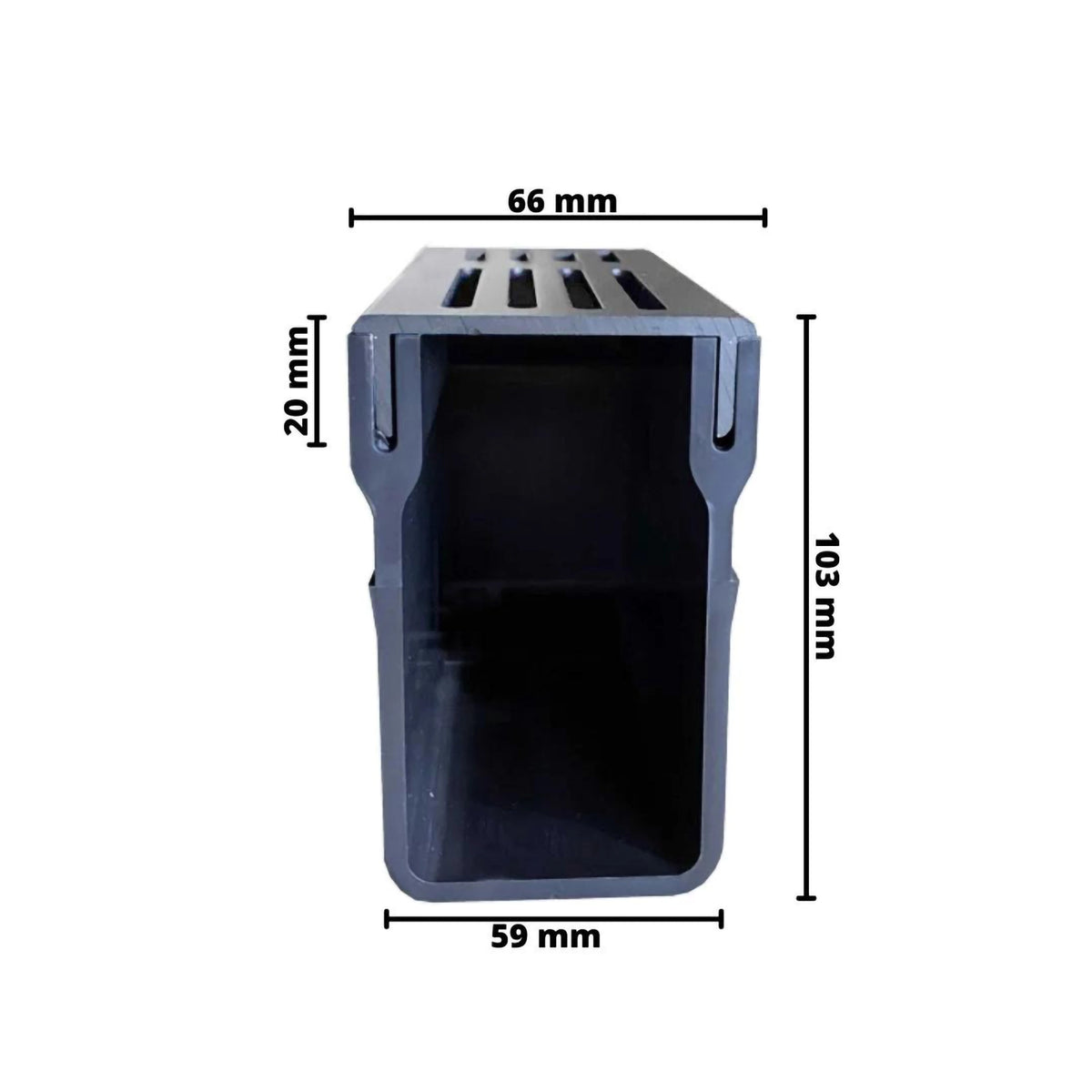 Bemaßte Zeichnung Entwässerungsrinne UD Pro 65 silber mit Rinnenkörper aus schwarzem Hart-PVC #A0003395
#A0003399