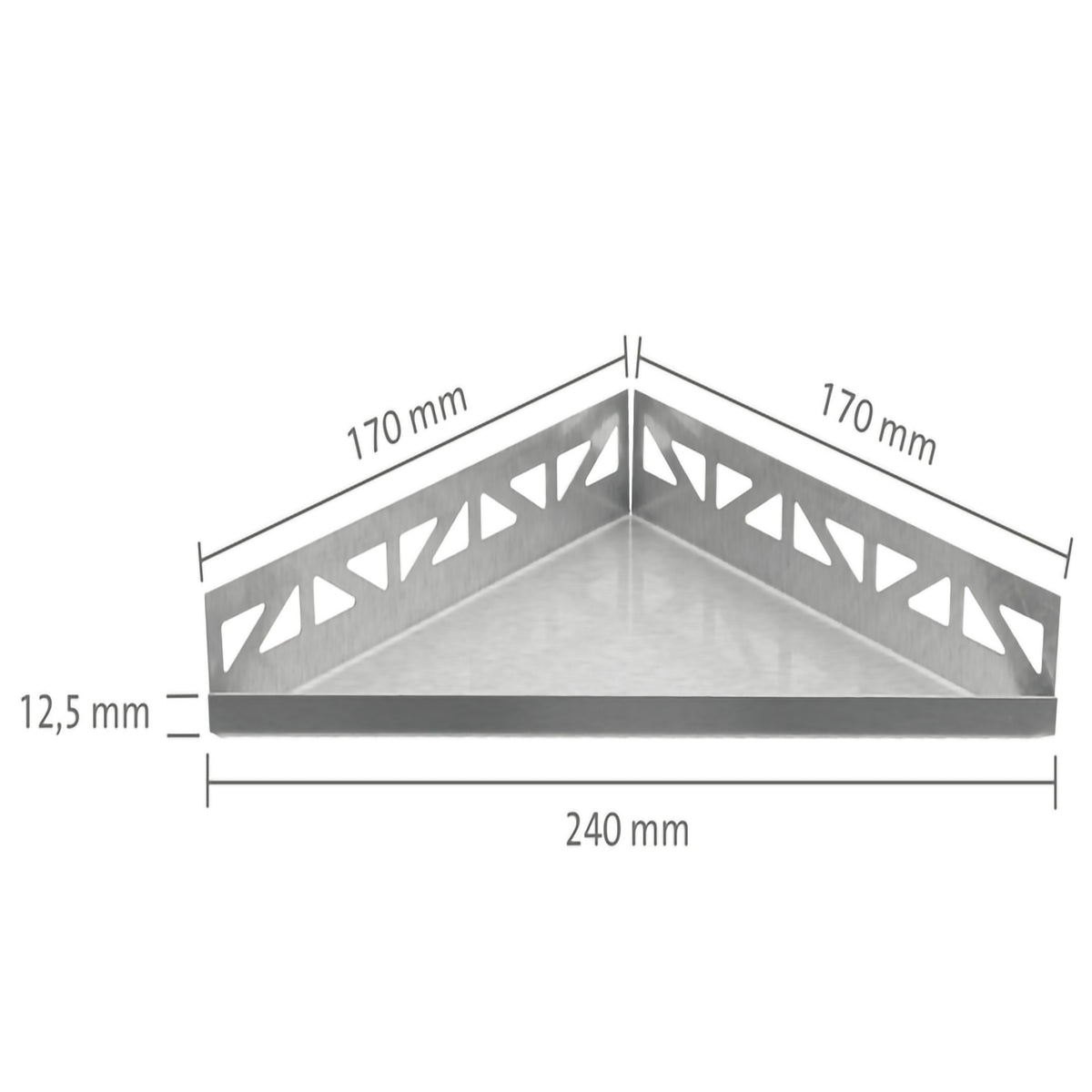 Bemaßte Zeichnung der dreieckigen Edelstahlablage mit 240mm Sichtbreite