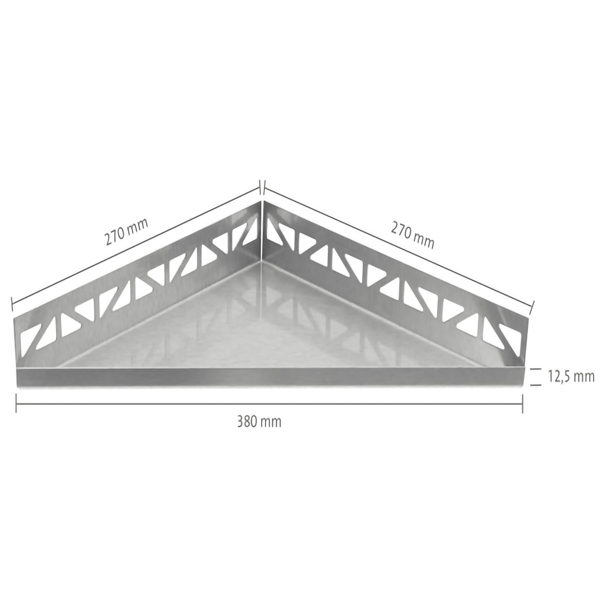 Bemaßte Zeichnung der dreieckigen Edelstahlablage mit 380mm Sichtbreite
