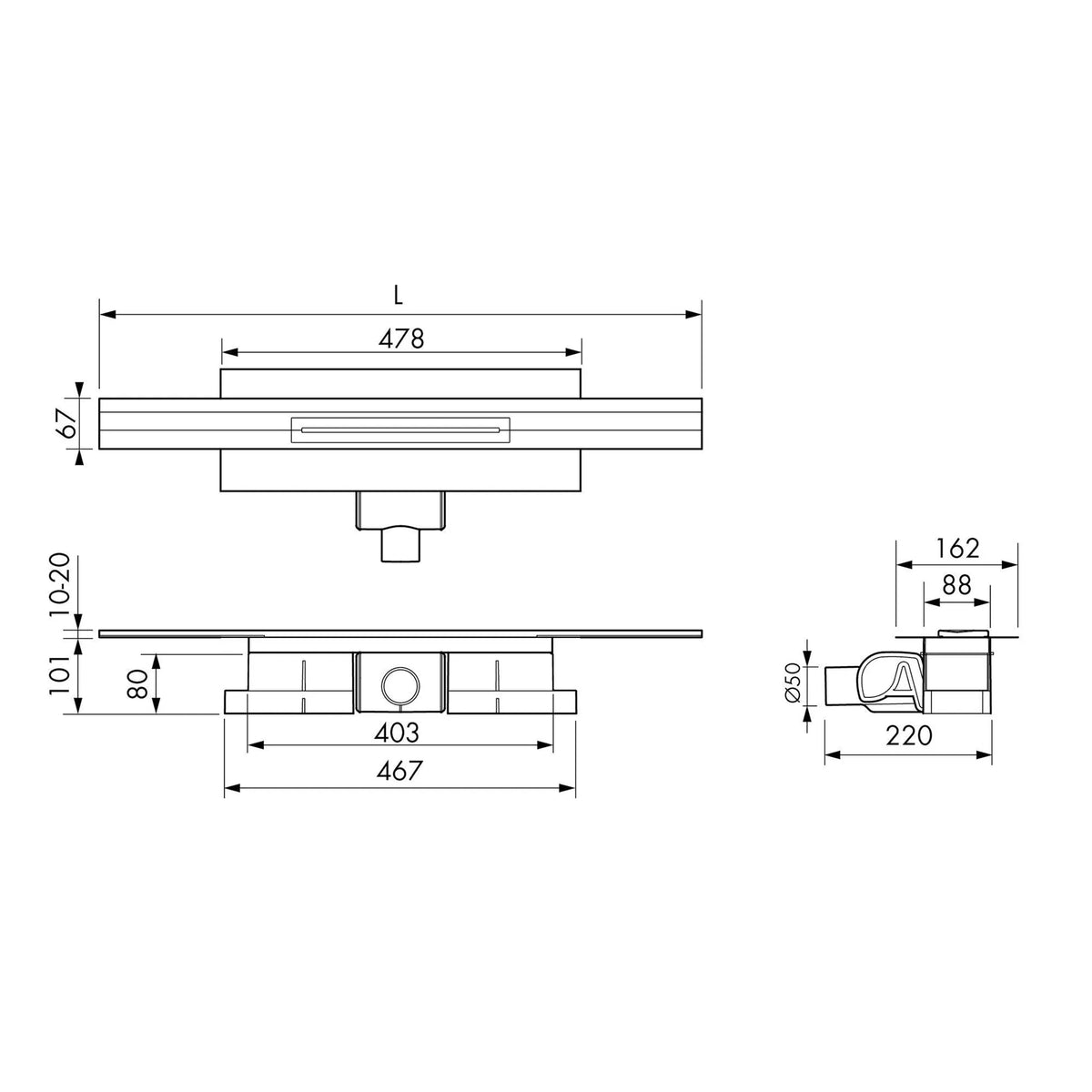 Bemaßte Zeichnung kürzbares Duschrinnen Komplettset mit 101mm Einbauhöhe
#A0005338
#A0005339
#A0005340
#A0005344
#A0005345
#A0005346
#A0005350
#A0005351
#A0005352