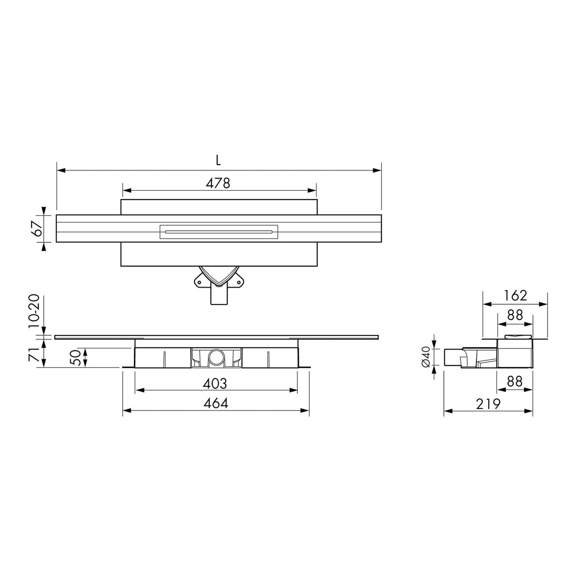 Bemaßte Zeichnung kürzbares Duschrinnen Komplettset mit 71mm Einbauhöhe
#A0005335
#A0005336
#A0005337
#A0005341
#A0005342
#A0005343
#A0005347
#A0005348
#A0005349