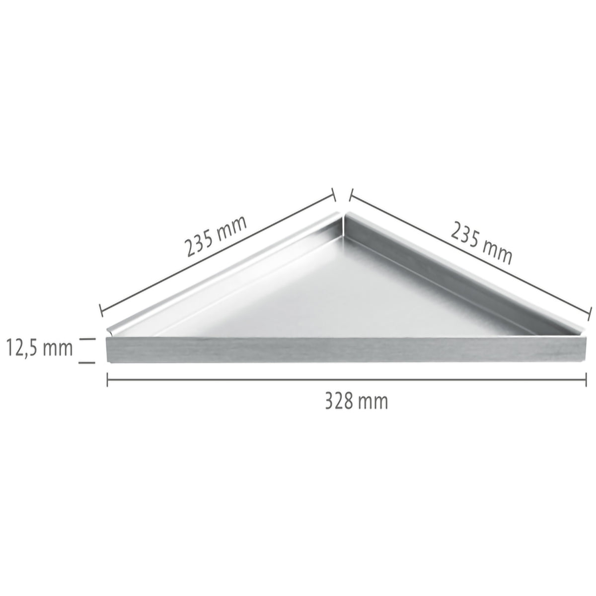 Bemaßte Zeichnung der dreieckigen Edelstahlablage zum Nachrüsten mit 328mm Sichtbreite #A0001471