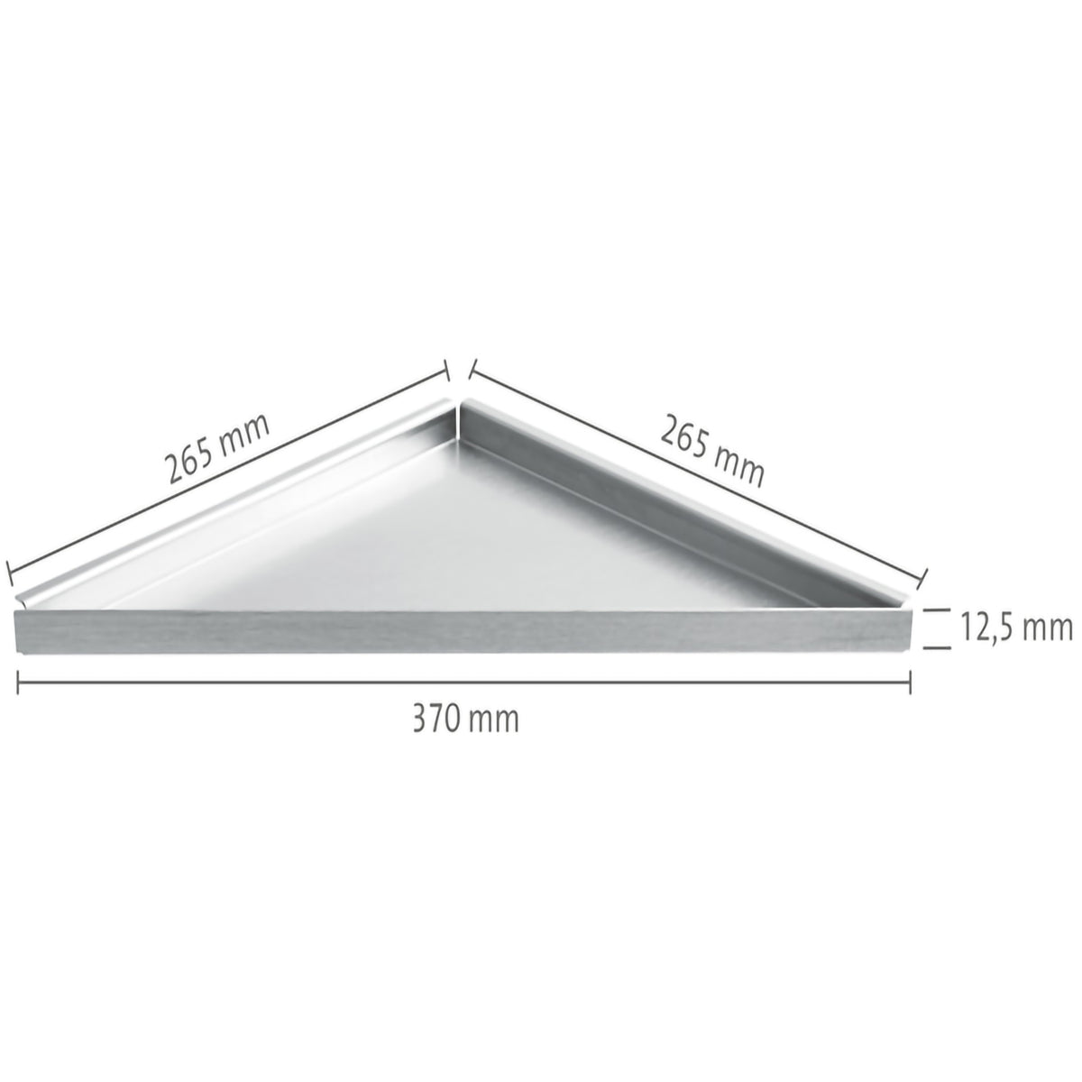 Bemaßte Zeichnung der dreieckigen Edelstahlablage zum Nachrüsten mit 370mm Sichtbreite #A0001472
