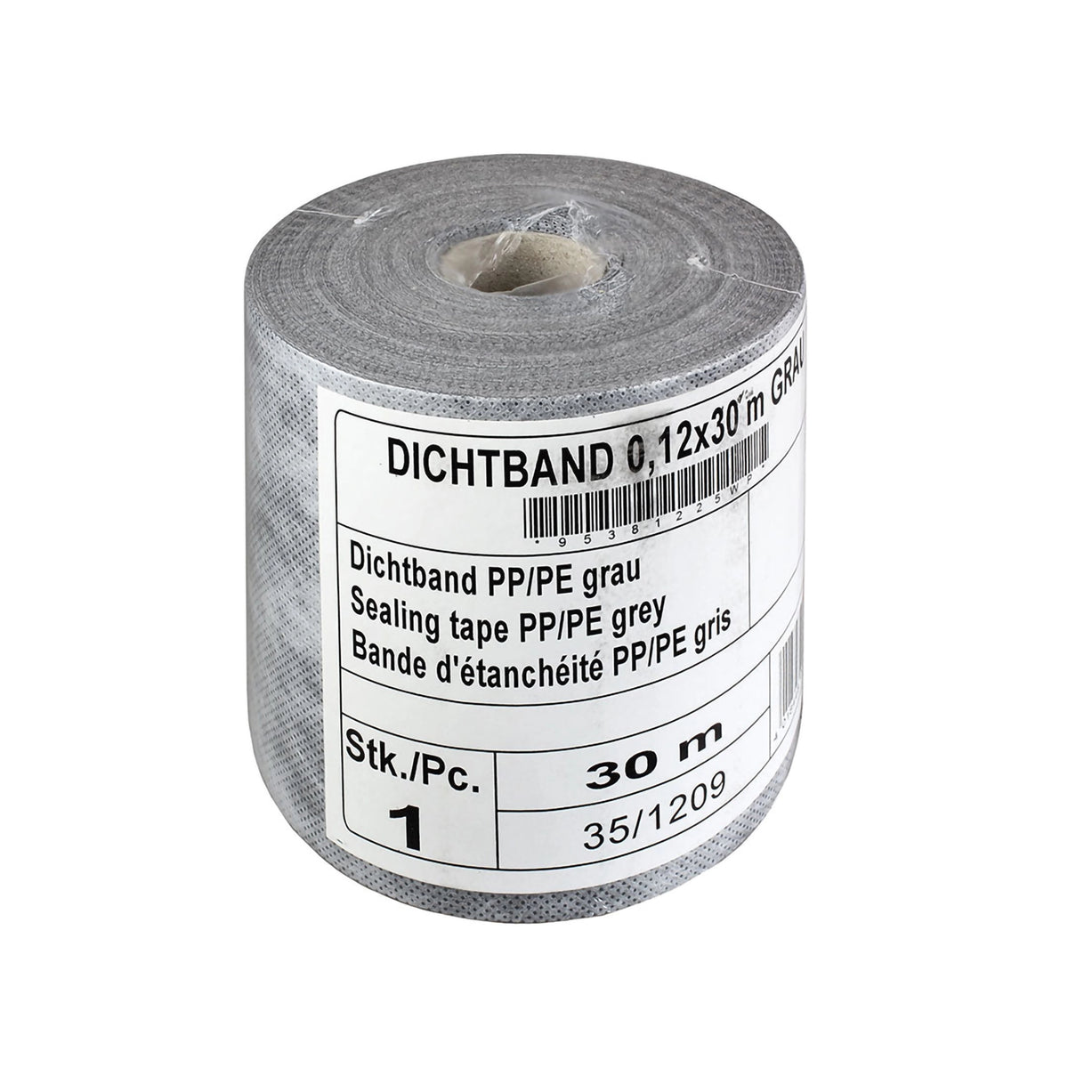 Graues Abdichtband eingerollt und mit Aufdruck