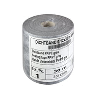 Graues Abdichtband eingerollt und mit Aufdruck