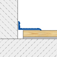 Zeichnung des Abschlussprofils mit selbstklebender Rückseite und leicht geriffelter Oberfläche vor einer Wand verarbeitet.