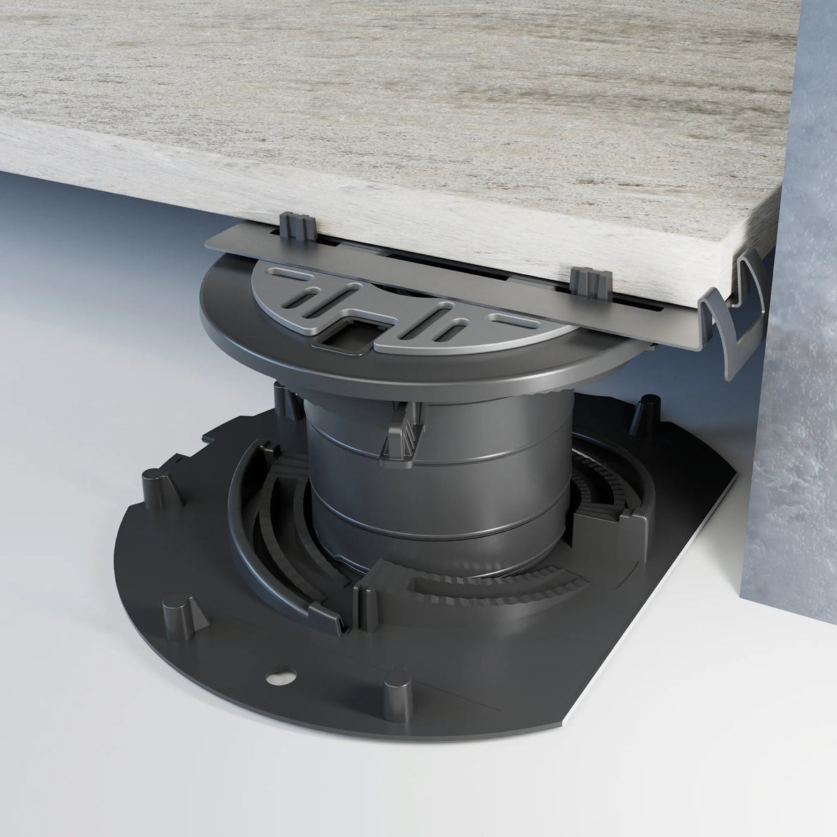 Ambientebild eines Edelstahlclips für Stelzlager Wandanschluss