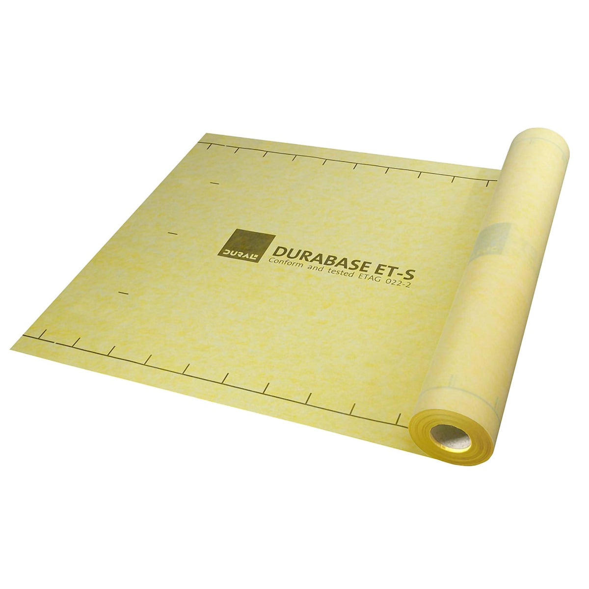 Gelbe DURAL ET-S Dichtbahn mit Aufdruck und leicht ausgerollt