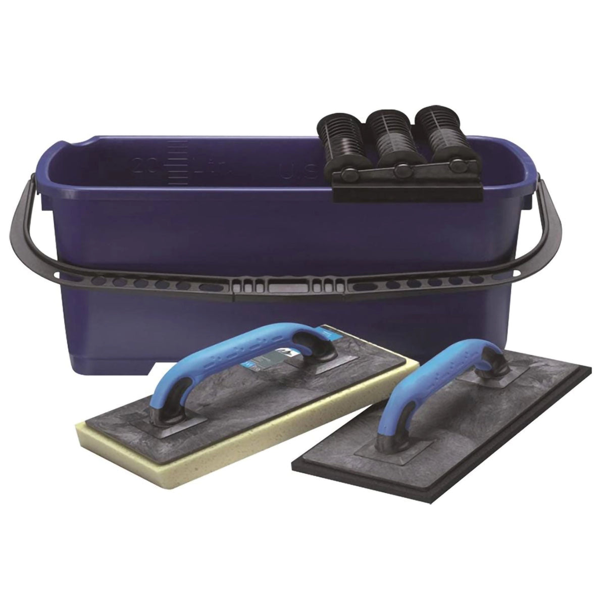 Rollenwaschset mit Rollen auf einem Eimer fixiert sowie Glättbrettern