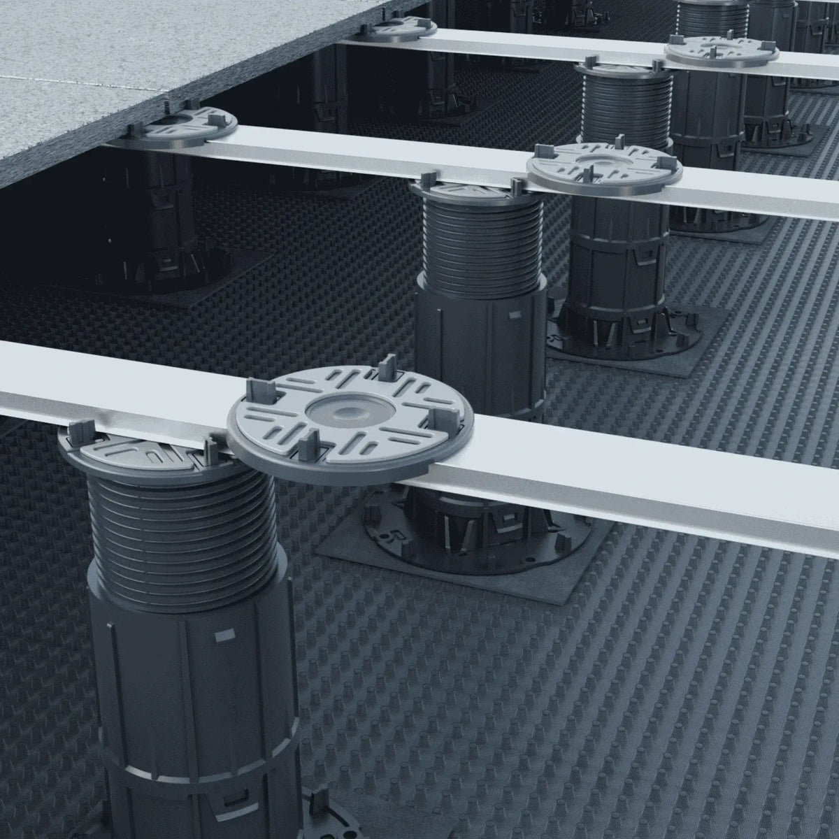 Ambientebild der Stelzlager Fleixbal Pro in Verbindung mit Schienensystem und Stelzlagerköpfen