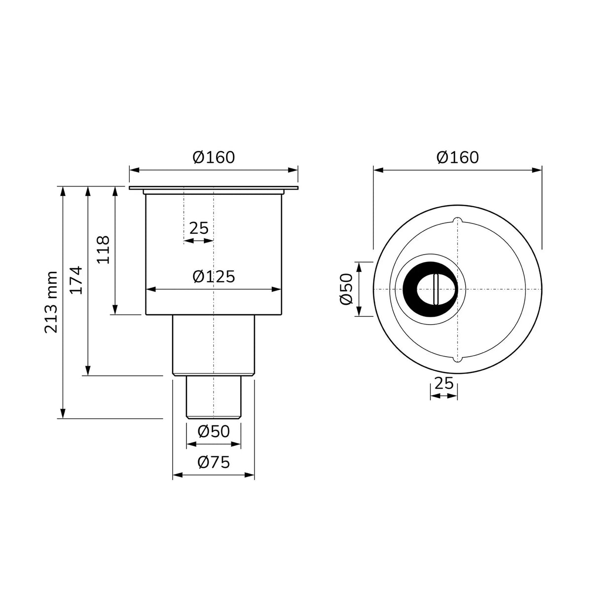 Bemaßte Zeichnung senkrechter Ablauf für kürzbare Duschrinnen