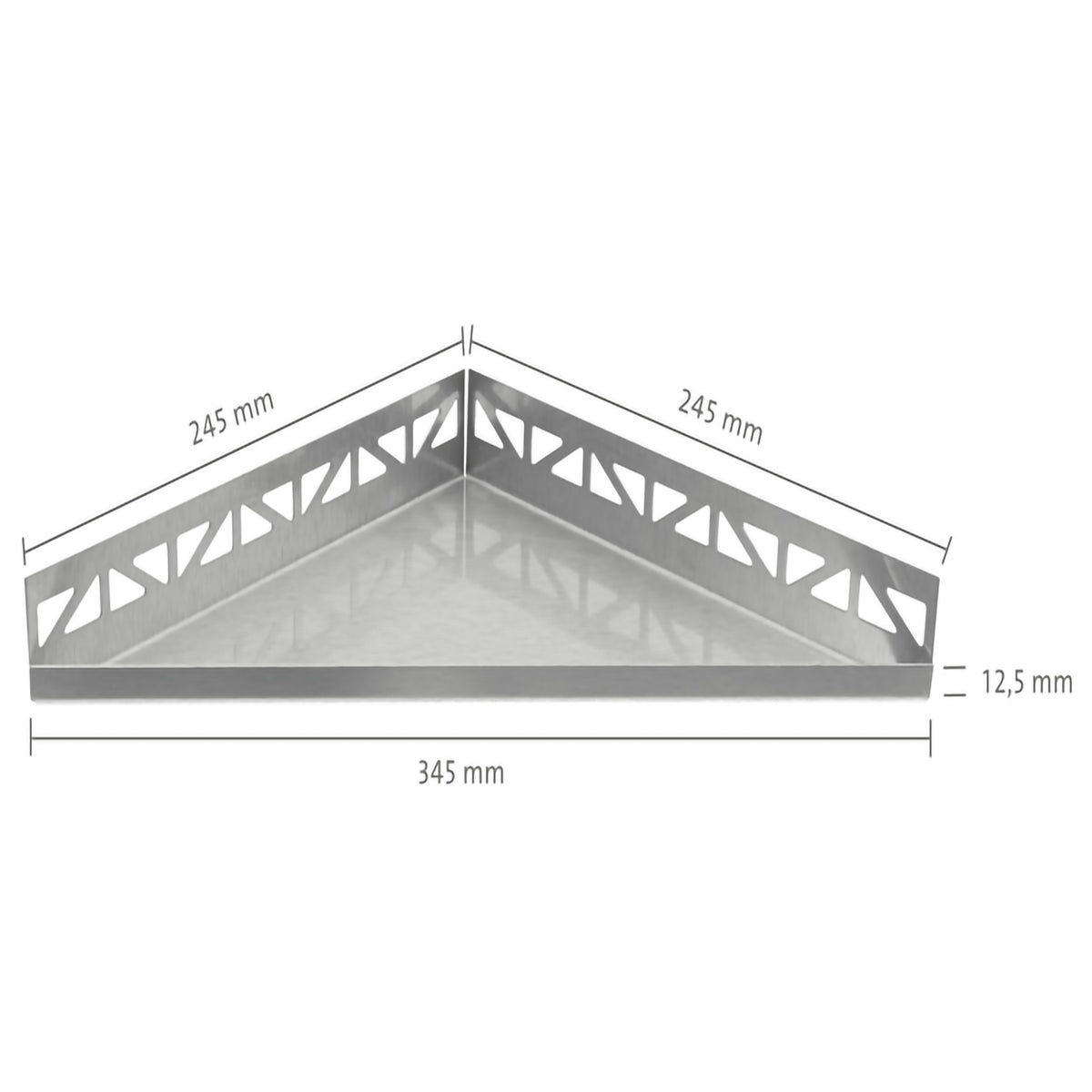 Bemaßte Zeichnung der dreieckigen Edelstahlablage mit 345mm Sichtbreite