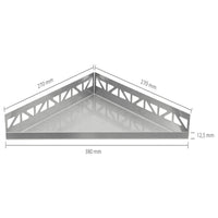 Bemaßte Zeichnung der dreieckigen Edelstahlablage mit 380mm Sichtbreite
