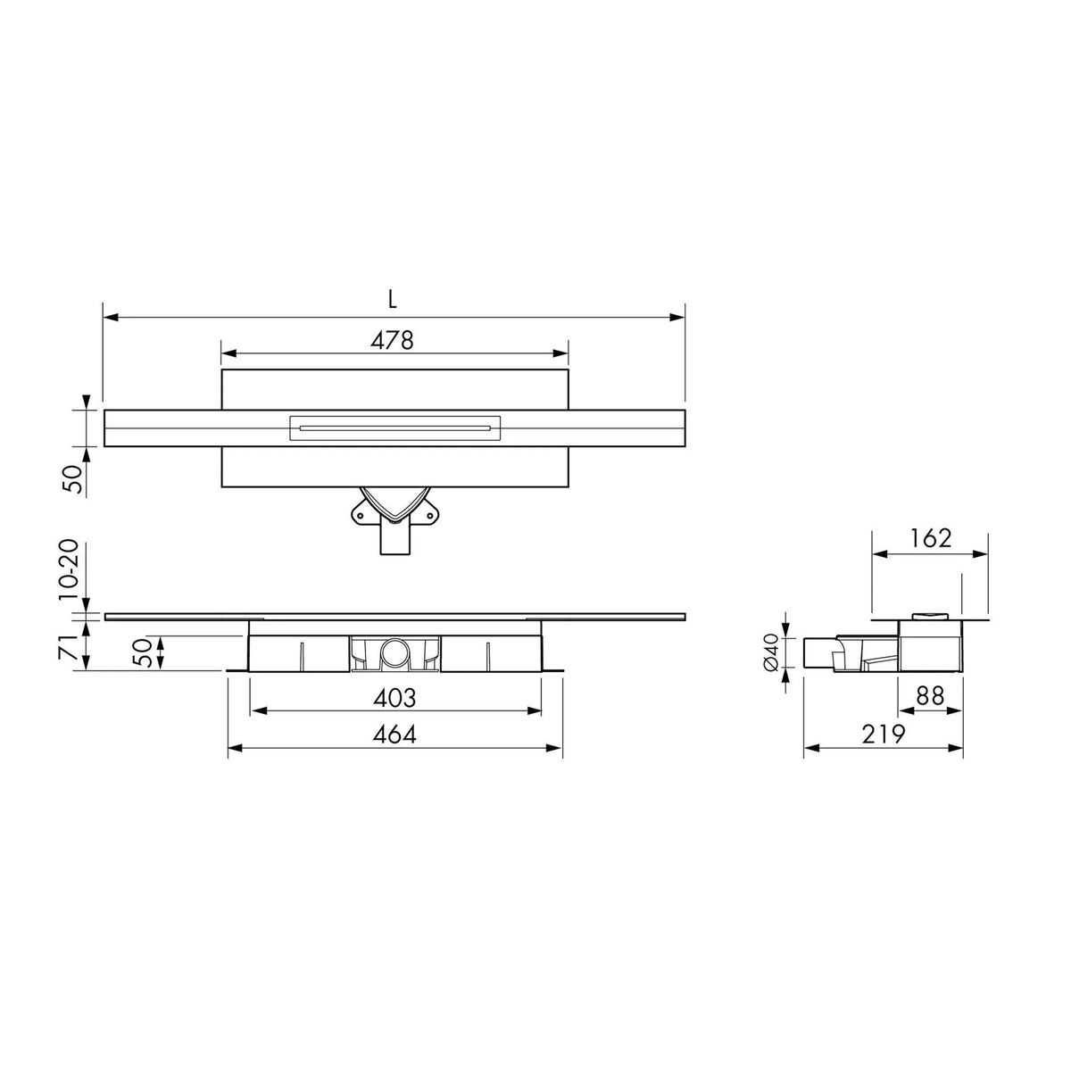 Bemaßte Zeichnung kürzbares Duschrinnen Komplettset mit 71mm Einbauhöhe
#A0005317
#A0005318
#A0005319
#A0005323
#A0005324
#A0005325
#A0005329
#A0005330
#A0005331