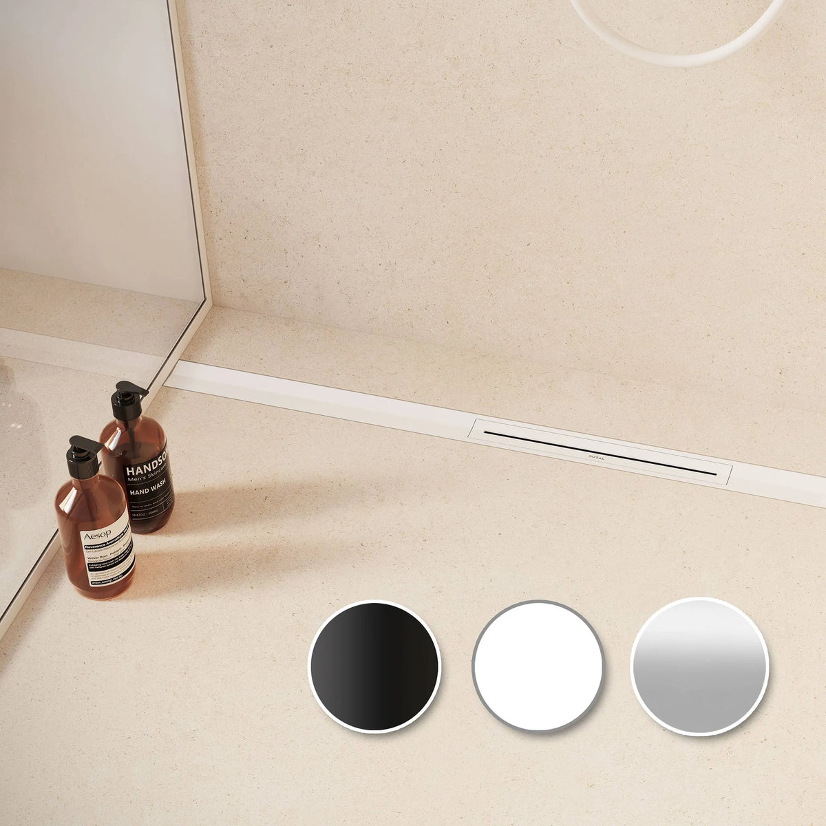 Ambientebild kürzbares Duschrinnen Komplettset für flexiblen Einsatz im Boden