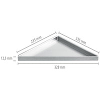 Bemaßte Zeichnung der dreieckigen Edelstahlablage zum Nachrüsten mit 328mm Sichtbreite #A0001471
